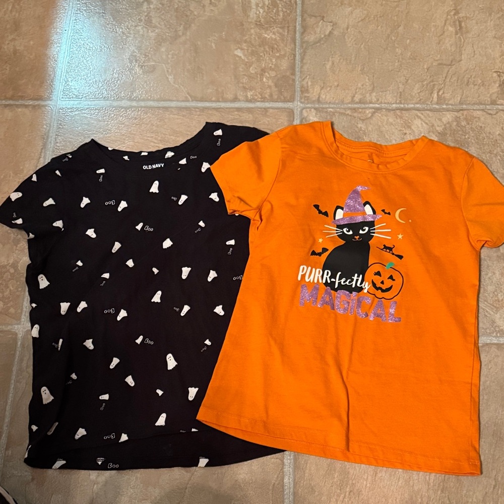 2 Halloween Tees Old Navy Orange Witch Cat T L & Black Ghost Print Boo T XL